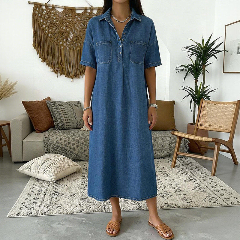 👗 50% OFF NOW! 👖 Casual Pocket Denim Midi Shirt Dress🌸 – Soft Loft