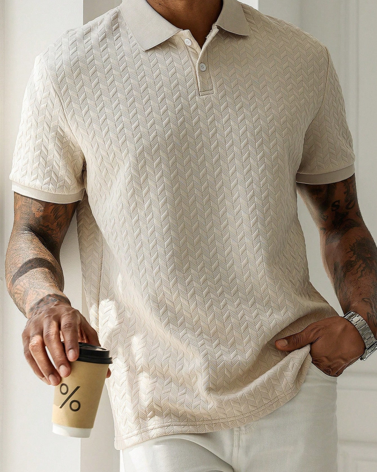 Solid Textured Knit Men Polo Shirt Casual Short Sleeve Tops