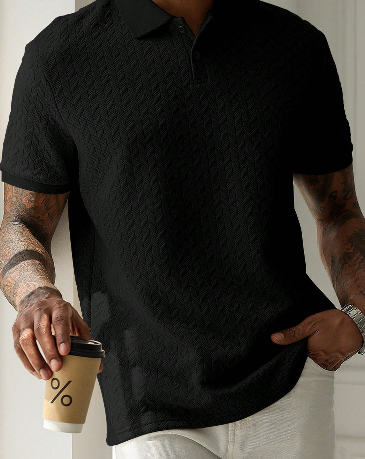 Solid Textured Knit Men Polo Shirt Casual Short Sleeve Tops