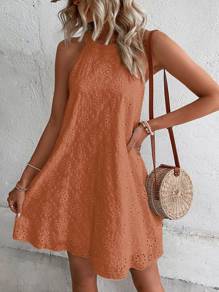 Halter Neck Sleeveless Hollow Out Eyelet Mini Summer Dress