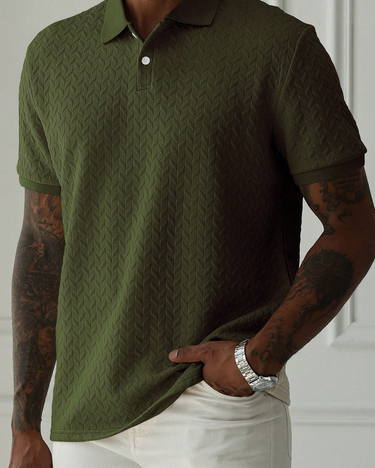 Solid Textured Knit Men Polo Shirt Casual Short Sleeve Tops