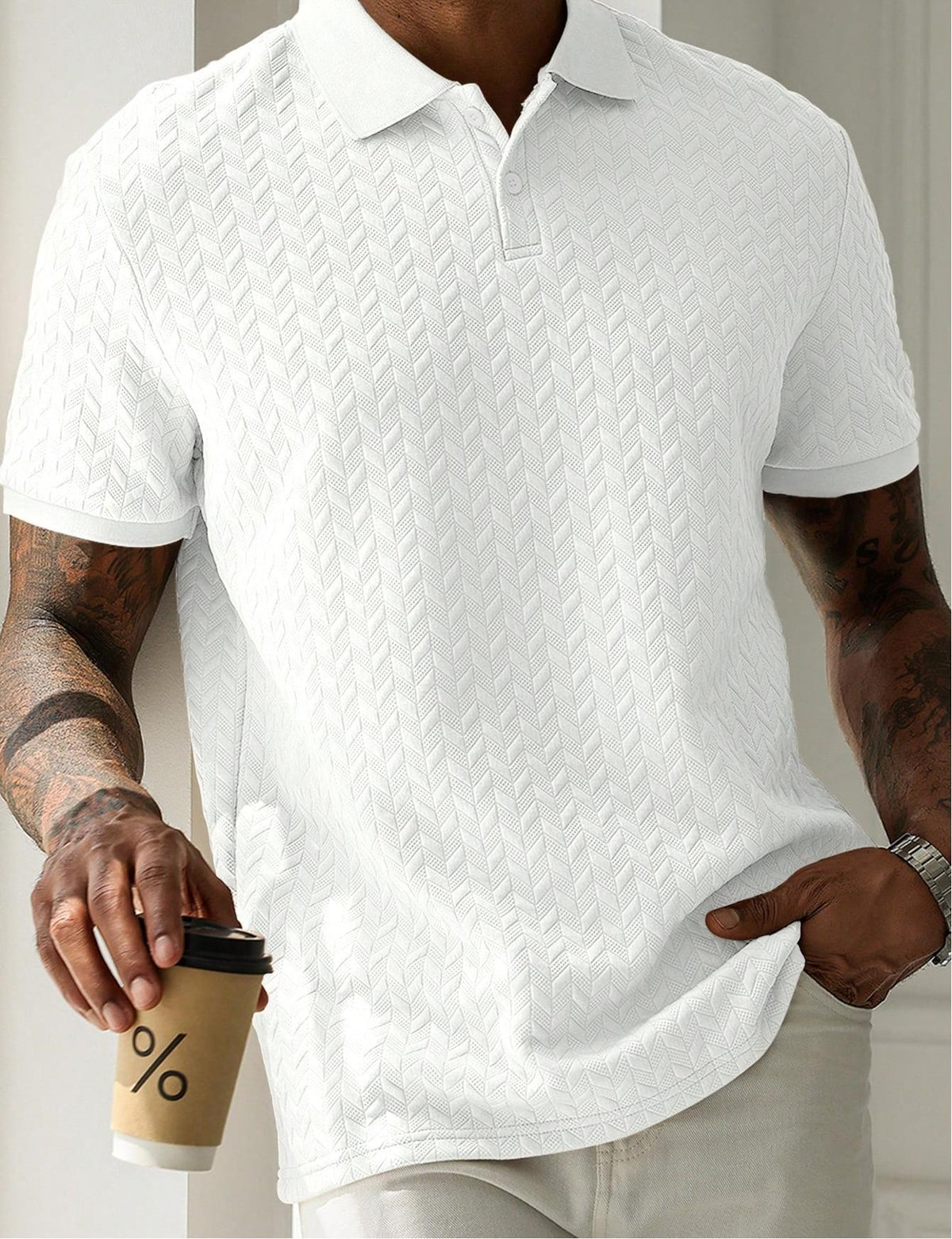 Solid Textured Knit Men Polo Shirt Casual Short Sleeve Tops